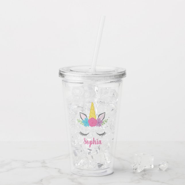 Blumenunicorn-Gesicht personalisiert Acryltrinkbecher (Rückseite Ice)