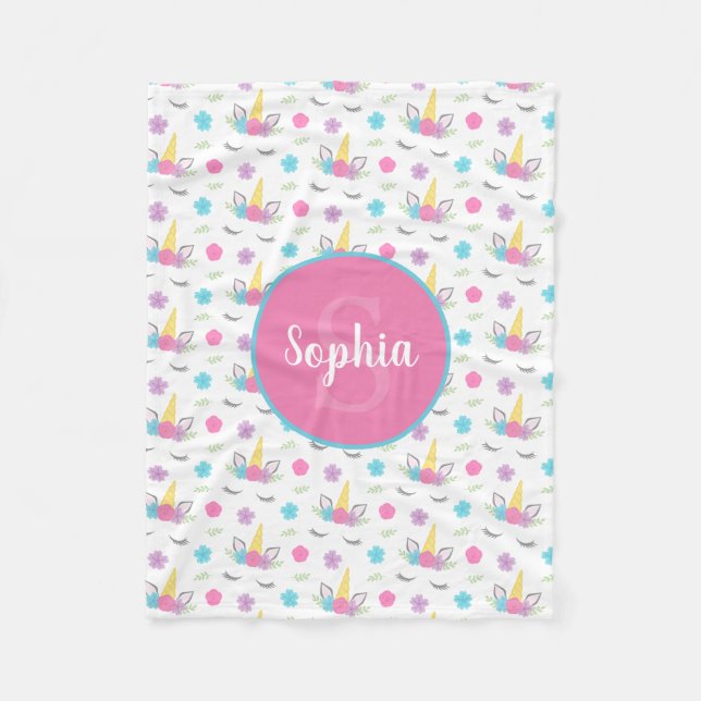 Blumenunicorn-Gesichts-personalisiertes Monogramm Fleecedecke (Vorderseite)