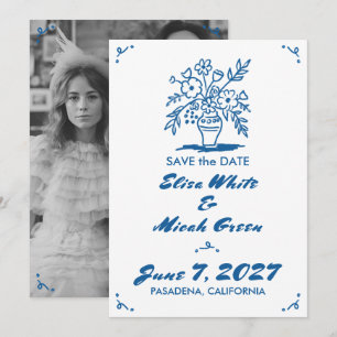 Blumenvase Rustikal Skizze in Blau Foto Save The Date