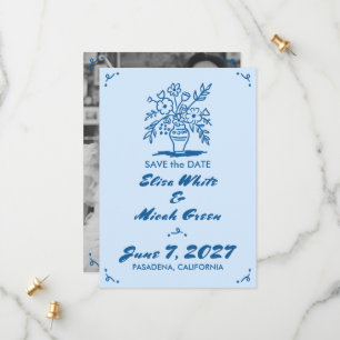 Blumenvase Rustikal Skizze in Blau Foto Save The Date