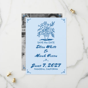 Blumenvase Rustikal Whimsikalische Skizze Blau Fot Save The Date
