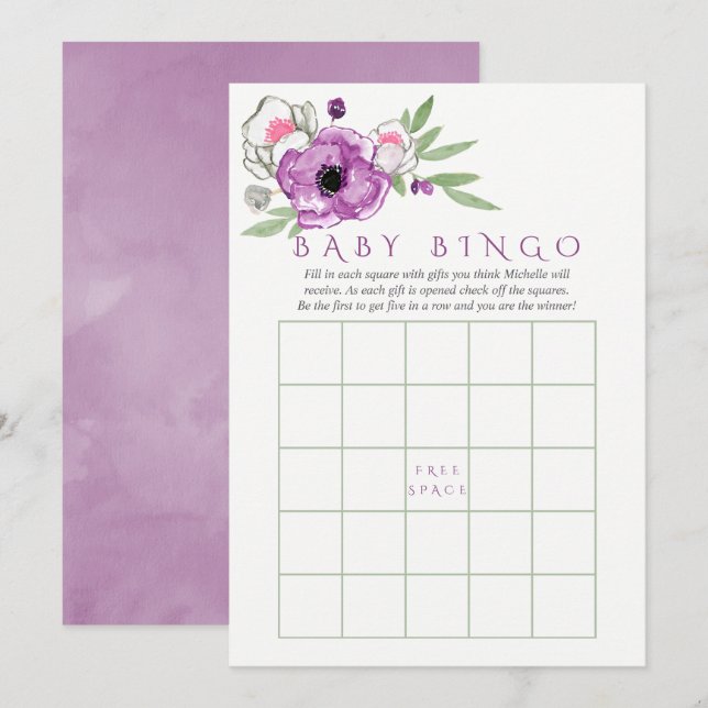 Blumenviolet und Sage Baby Shower Baby Bingo Einladung (Vorne/Hinten)