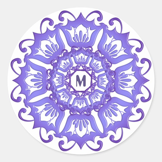 Blumenviolette Mandala. Monogramm. Runder Aufkleber (Vorderseite)