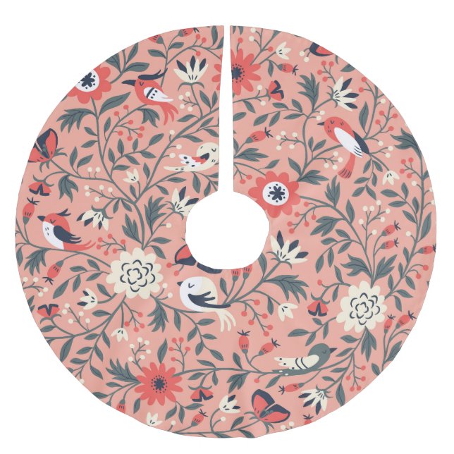 Blumenvögel Handgezogene Vintag Polyester Weihnachtsbaumdecke (Vorderseite)