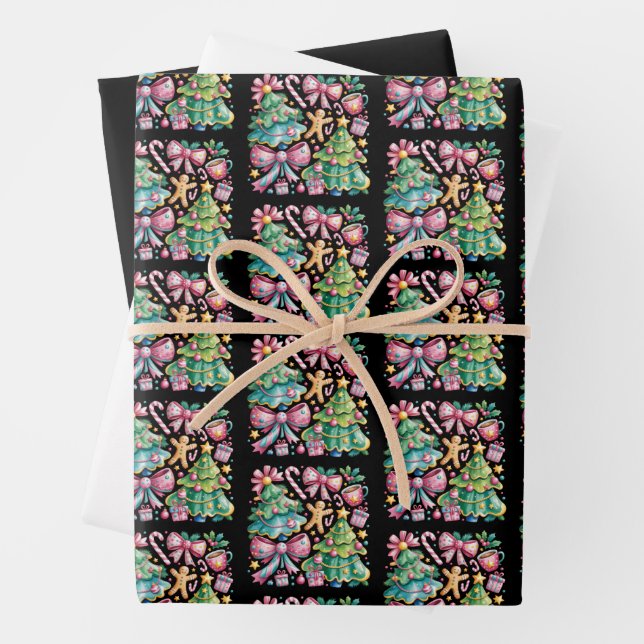 Blumenvogel Xmas Tree Bow Coquette Pink Blau Geschenkpapier Set (Beispiel)