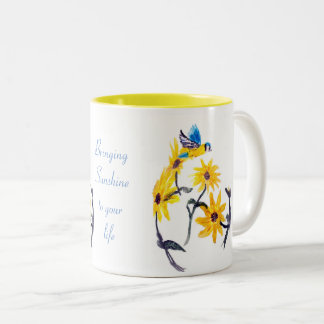Blumenvogelkunst, Zitat von gelben Sonnenblumen Zweifarbige Tasse