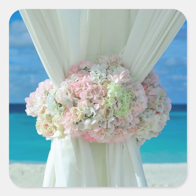 Blumenvorhang Strand Hochzeitsticker Quadratischer Aufkleber (Vorderseite)
