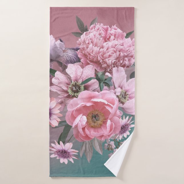 Blumenvorlage. Schöne Blume, Torfbäume und Iris Badehandtuch (Badehandtuch)