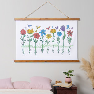 Blumenwachstumsdesign Wandteppich Mit Holzrahmen