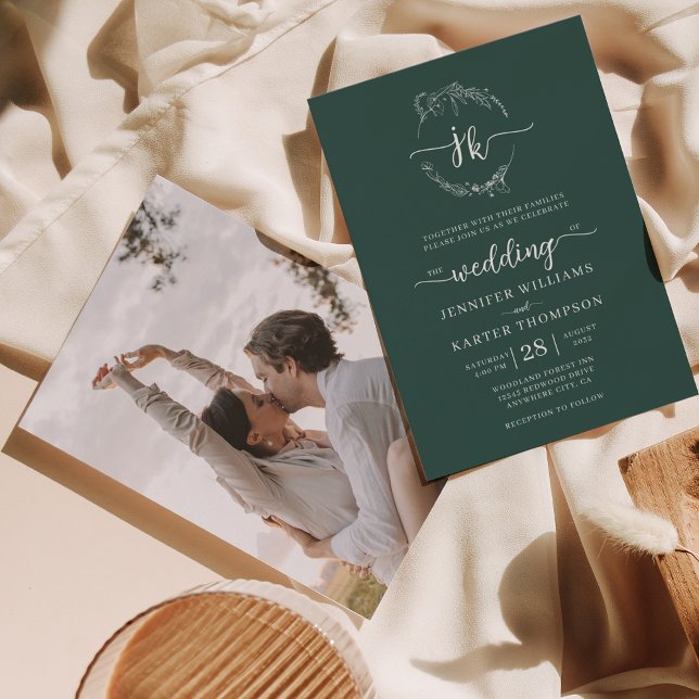 Blumenwald-Grüne Monogramm-Foto Hochzeit Einladung (Von Creator hochgeladen)