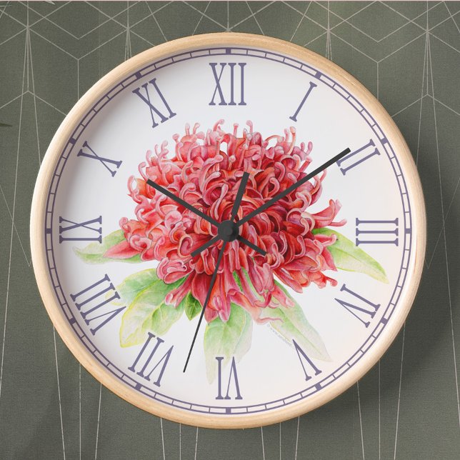 BlumenWanduhr roten waratah Aquarells Wanduhr (Von Creator hochgeladen)