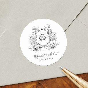 Blumenwappen-Monogramm Elegante Hochzeit Runder Aufkleber