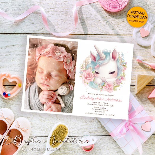 Blumenwasser-Baby-Einhorn, Foto Girl-Taufe Einladung (Von Creator hochgeladen)