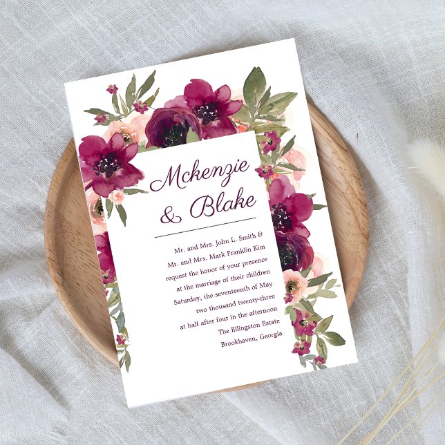 Blumenwasser Hochzeit Einladung Maroon Blush (Von Creator hochgeladen)