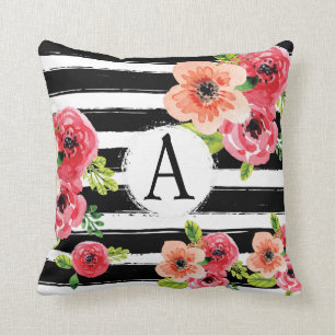BlumenWatercolor Monogramed Schwarz-weiße Streifen Kissen