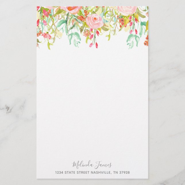 Blumenwatercolor-Rosen-personalisiertes Briefpapier (Vorderseite)