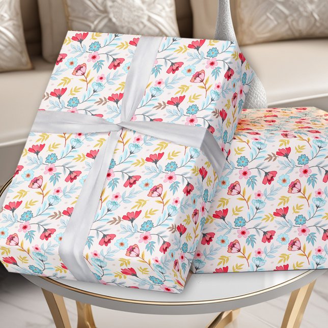 Blumenweibchen farbenfroh rosa Blauer Sommer Gebur Geschenkpapier (Floral Feminine Colorful Pink Blue Summer Birthday Wrapping Paper)