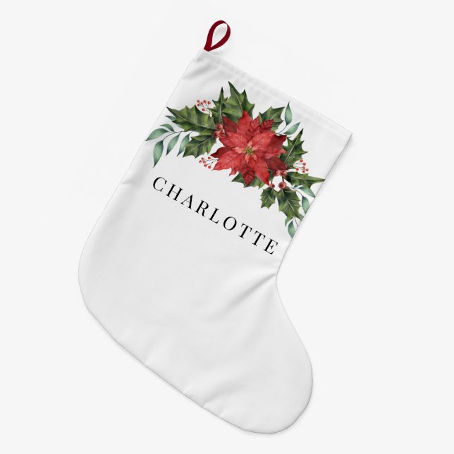 Blumenweih Poinsettia Greenery Custom Großer Weihnachtsstrumpf (Vorderansicht (hängend))