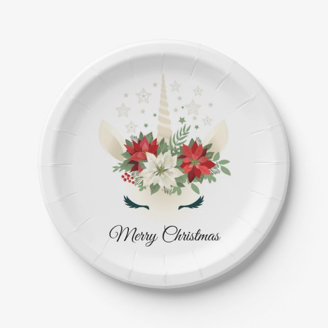 Blumenweih Unicorn | Frohe Weihnachten Pappteller (Vorderseite)