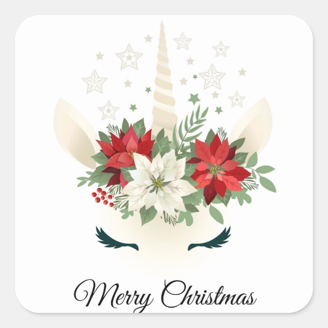 Blumenweih Unicorn | Frohe Weihnachten Quadratischer Aufkleber (Vorderseite)