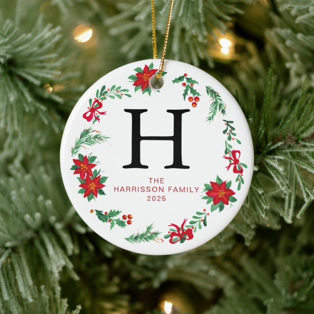 Blumenweihkranz Mit Monogramm Foto Keramik Ornament (Baum)