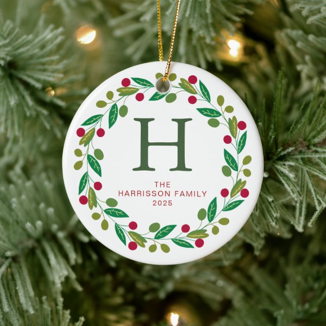 Blumenweihkranz Mit Monogramm Foto Keramik Ornament (Baum)