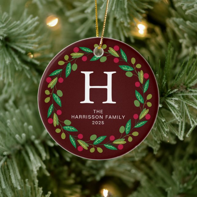 Blumenweihkranz Mit Monogramm Foto Keramik Ornament (Baum)