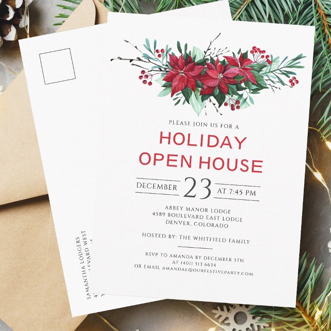 Blumenweihnachtsfest Open House Party Einladungspostkarte (Floral Red Berries Christmas Open House Party Invitation)