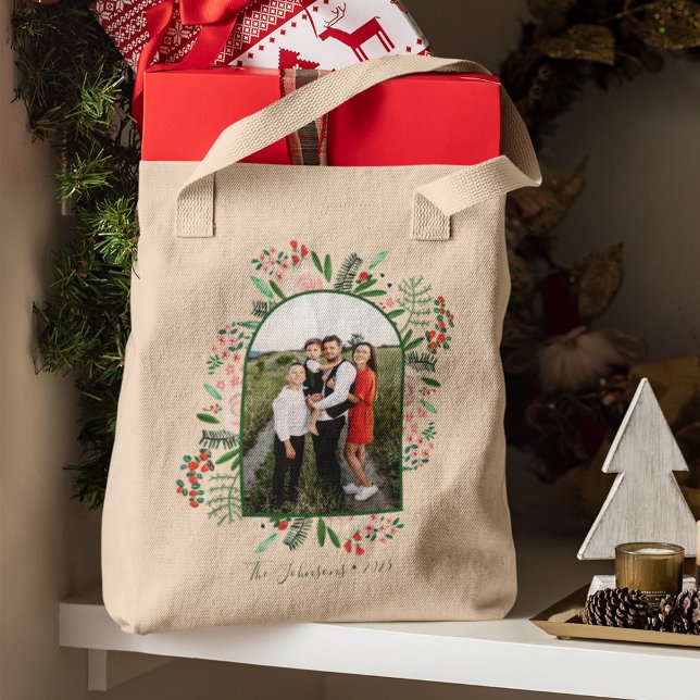 Blumenweihnachtsfest Tragetasche (Modern Arch Frame Floral Christmas Photo Tote Bag)