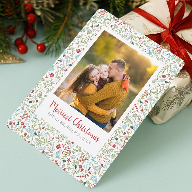 Blumenweihnachtsmuster-Foto Feiertagskarte (Floral Christmas Holiday Pattern Photo)