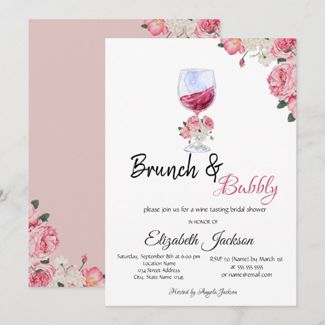 Blumenwein GlasS Brunch & Bubbly Brautparty Einladung (Vorne/Hinten)