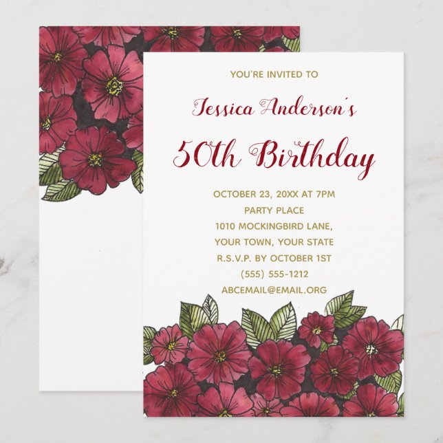 Blumenwein Gold 50. Geburtstag Einladung (Vorne/Hinten)