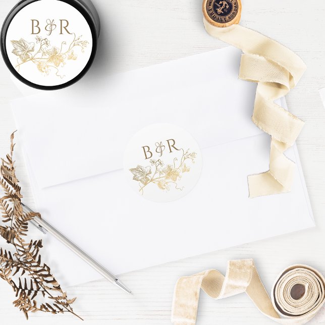 Blumenweiß und Gold-Hochzeit-Umschlag Aufkleber/Ge Runder Aufkleber (Von Creator hochgeladen)