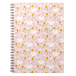 Blumenweiße Hühner auf rosa Notebook Notizblock