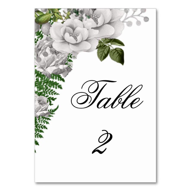 Blumenweiße Rosen und Ferns Wedding Tischnummer (Vorderseite)