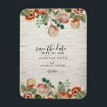 Blumenweiße Ziegeleihen retten das Datum Magnet<br><div class="desc">Eine Hochzeit speichert den Datums-Magneten mit einem Bild von Blume und Grün über einen weißen Backstein-Hintergrund oben und unten.</div>