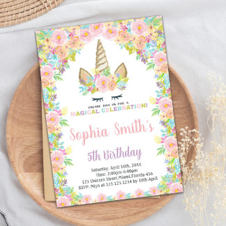 Blumenweißes Einhorn Einladung zum Geburtstag