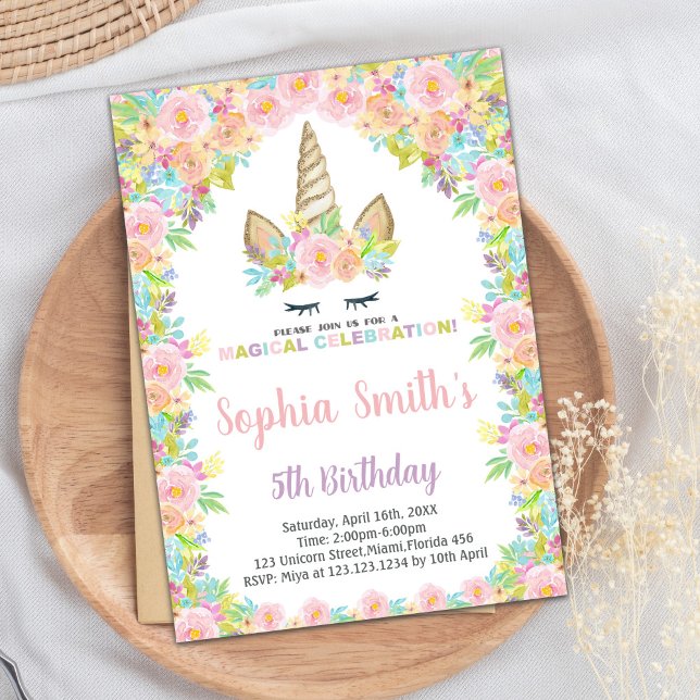 Blumenweißes Einhorn Einladung zum Geburtstag (Floral White Unicorn Birthday Invitations)