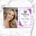 Blumenweißes Foto 50. Geburtstag Einladung<br><div class="desc">Elegante florale feminine 50. Geburtstagseinladung mit Ihrem Foto. Glam,  weiß und lavender lila Design mit Streifen,  leichte lila Rose,  Skript-Schriftart und Konfetti. Ideal für ein stilvolles Party für Erwachsene. Personalisieren Sie Ihre persönlichen Daten. Kann für jedes Alter angepasst werden! Gedruckte Zazzle Einladungen oder Sofortdownload digitalen druckbaren Vorlage.</div>