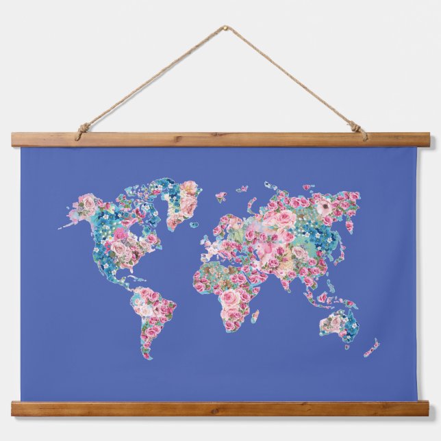 Blumenweltkarte Wandteppich Mit Holzrahmen (Vorne)