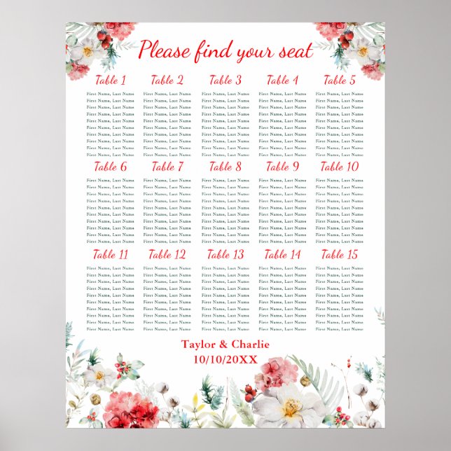 BlumenWinter Hochzeit 15 Tische Sitzkarte Poster (Vorne)