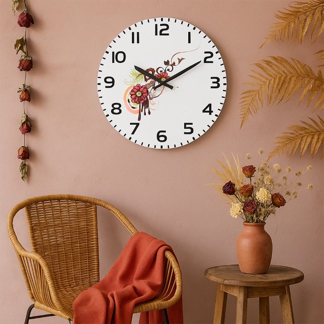 Blumenwirbel mit roten Blume und Hummingbird Große Wanduhr (Von Creator hochgeladen)