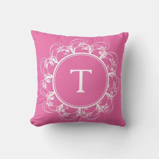 BlumenWirbels-Monogramm-Kissenrosa Kissen (Vorderseite)