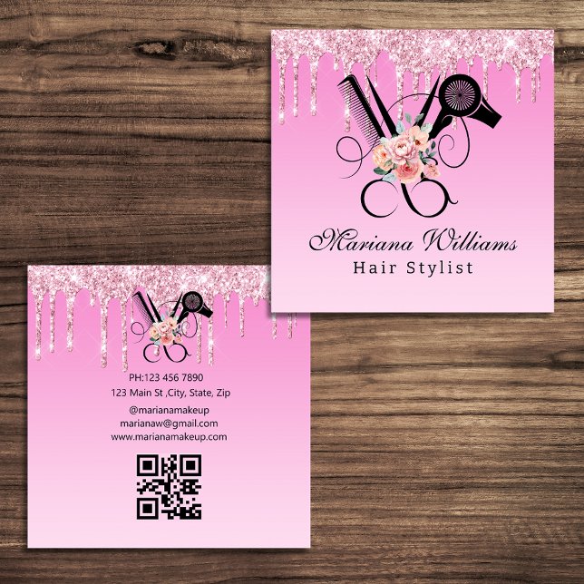Blumenzarge Haarstylus Schere qr Glitzer rosa Quadratische Visitenkarte (Von Creator hochgeladen)