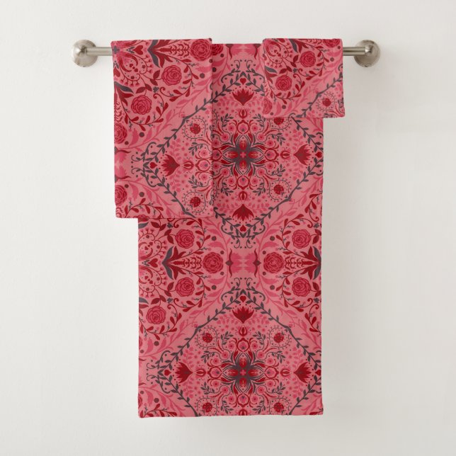 Blumenziegel in Rot und Wassermelone in Rosa Badhandtuch Set (Insitu)