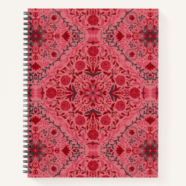 Blumenziegel in Rot und Wassermelone in Rosa Notizbuch (Vorderseite)