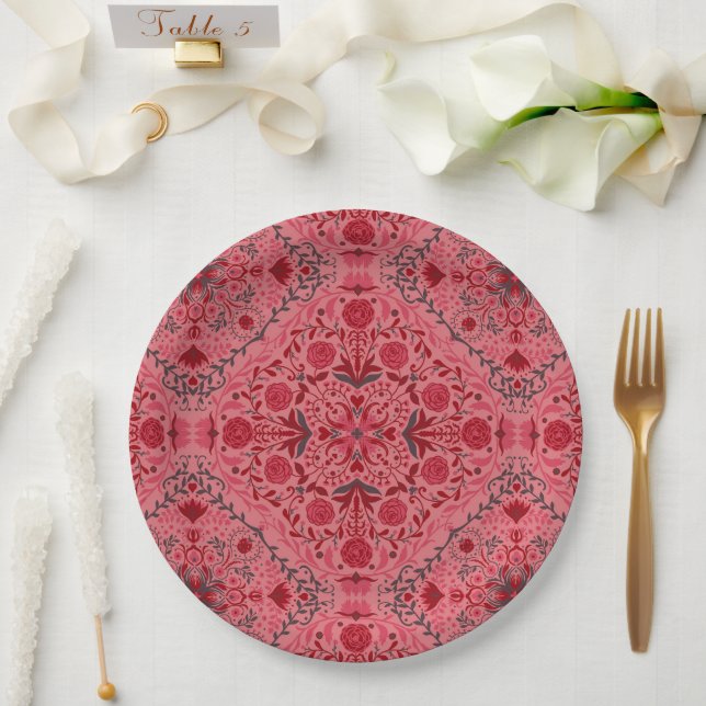 Blumenziegel in Rot und Wassermelone in Rosa Pappteller (Hochzeit)