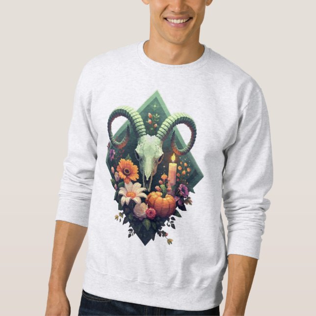Blumenziegenschädel mit Kürbis und Kerze Pixel ar Sweatshirt (Vorderseite)