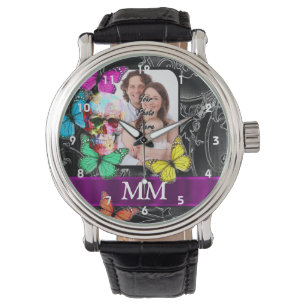 Blumenzucker, Schädel, Schmetterlinge und Monogra Armbanduhr