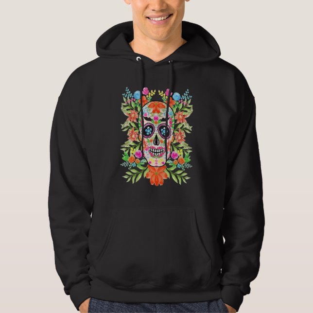 Blumenzucker Schädeltag Dia de Los Muertos Hoodie (Vorderseite)